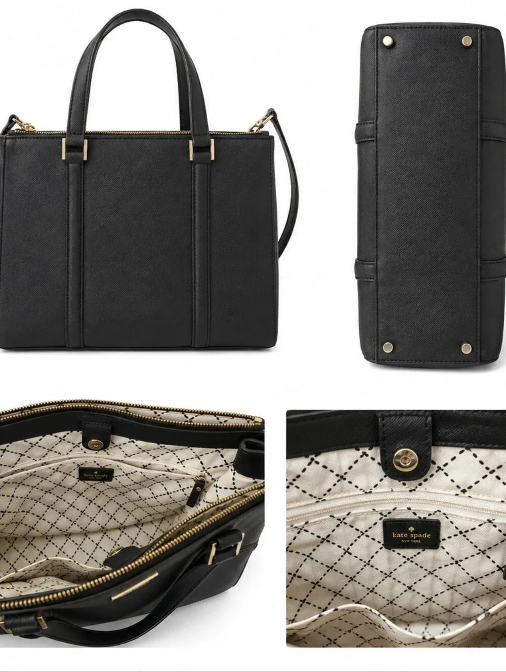 Kate Spade Black Leather Satchel Tote with Gold Hardware